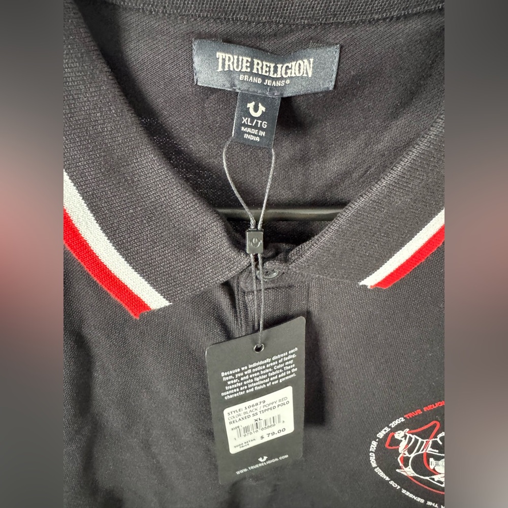 True Religion Men's Large Polo Shirt Black And Poppy Red NWT - Picture 2 of 5
